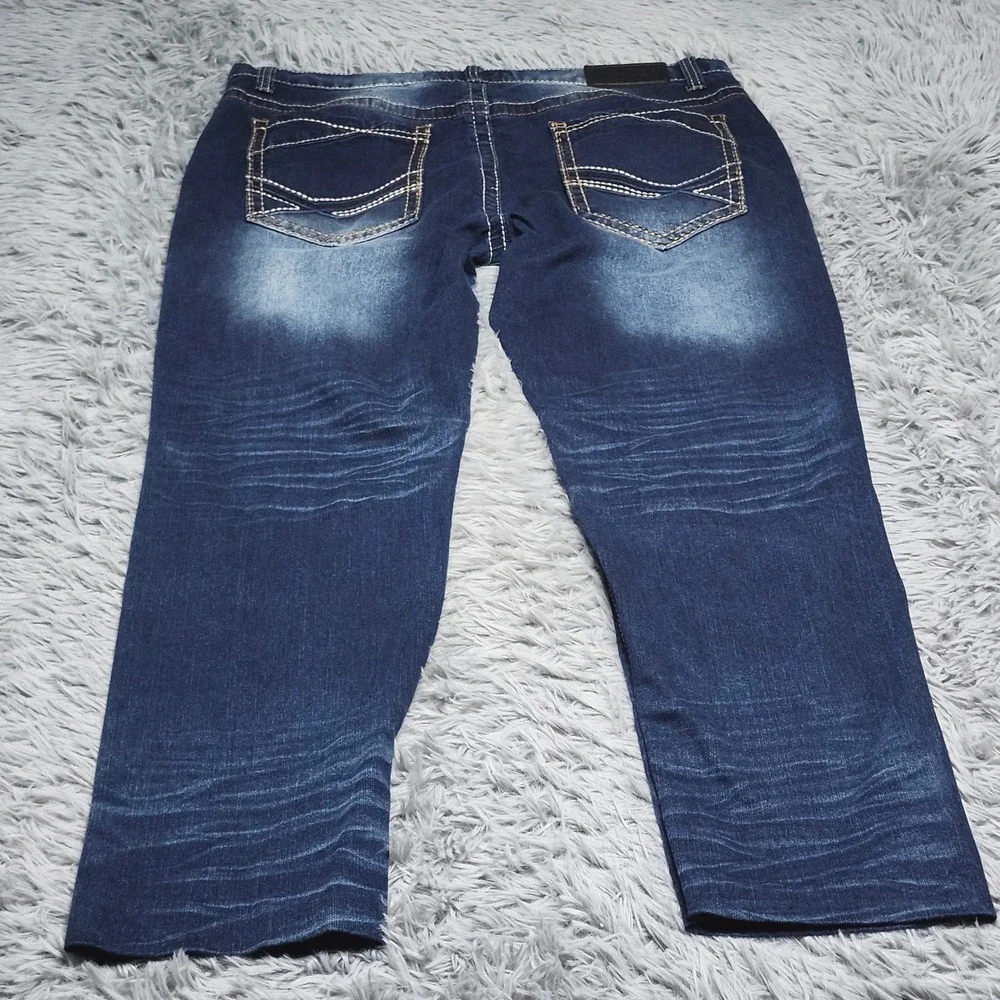 True Luck Mens‎ Jeans 36x29 Hemmed Dark Wash Straight Fit Denim Thick Stitch